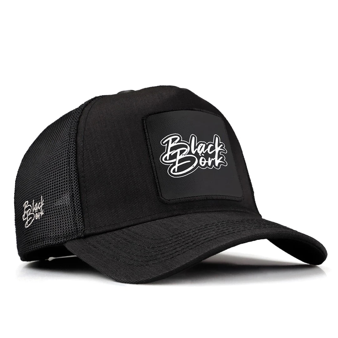 Black Cordura Fabric Trucker Cap with BlackBork - 1 with Code Logo patch for wholesale and custom branding