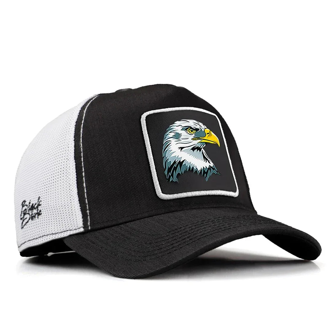 Black-White Cordura Fabric Trucker Cap with Eagle - with 5SB Code Logo patch for wholesale and custom branding