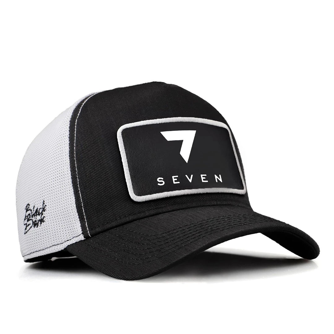 Black-White Cordura Fabric Trucker Cap with 7 Seven - 2 Code Logo patch for wholesale and custom branding