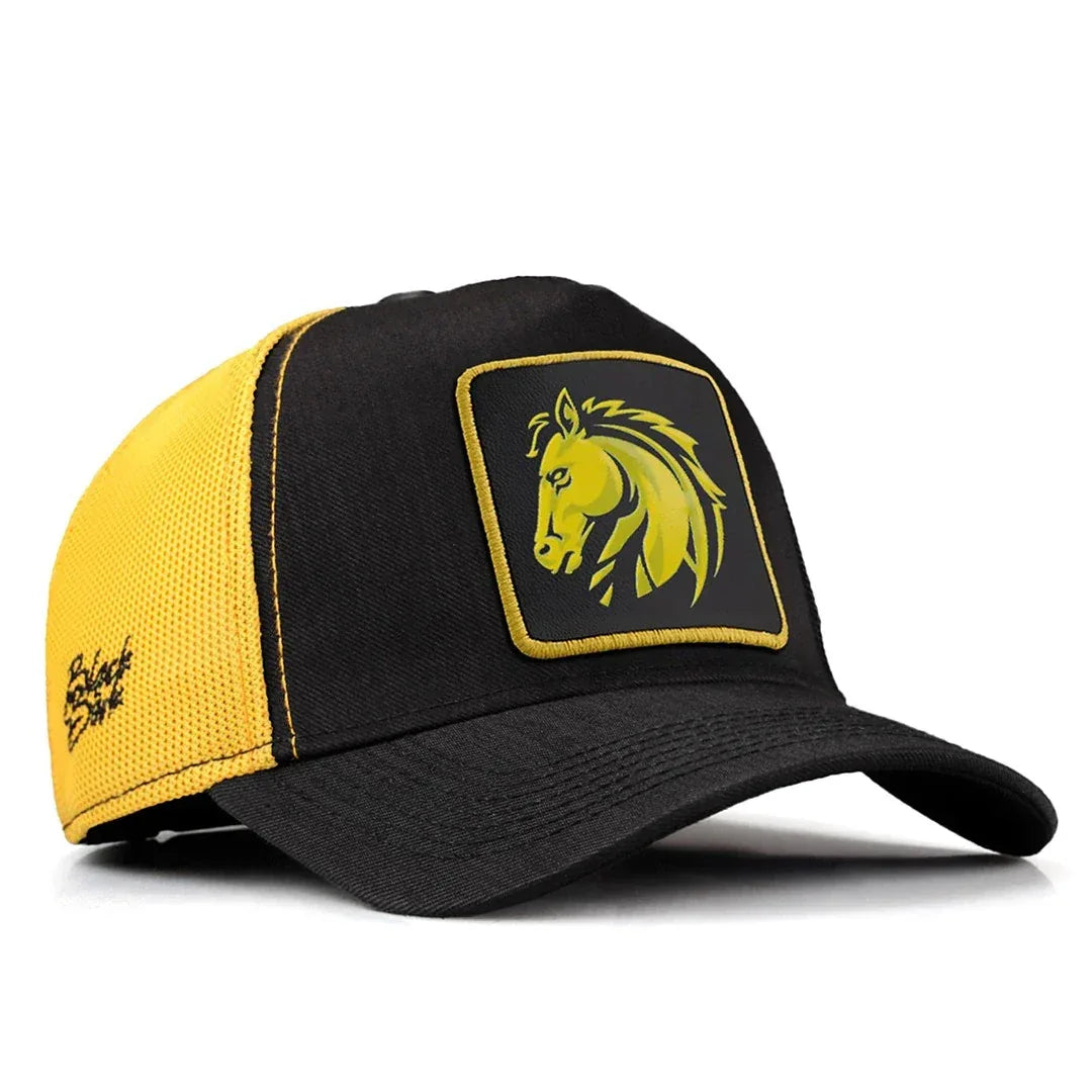 Black-Yellow Cordura Fabric Cap with Horse - With 2SS Code Logo patch for wholesale and custom branding