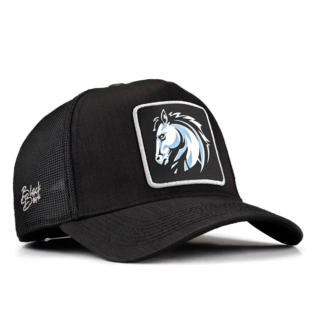 Black Cordura Fabric Trucker Cap with Horse - With 2SB Code Logo patch for wholesale and custom branding