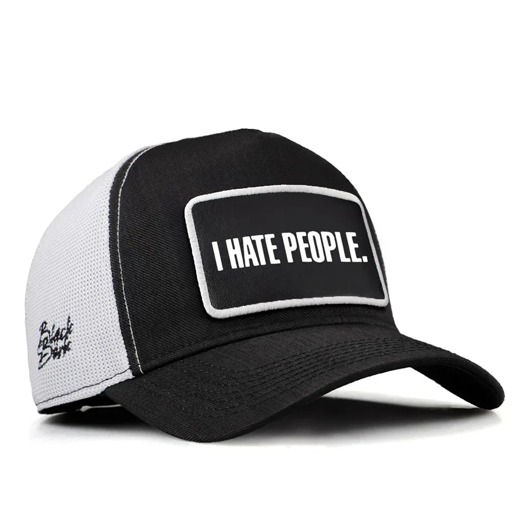 Black-White Cordura Fabric Trucker Cap with I Hate People - With 2 Code Logos patch for wholesale and custom branding