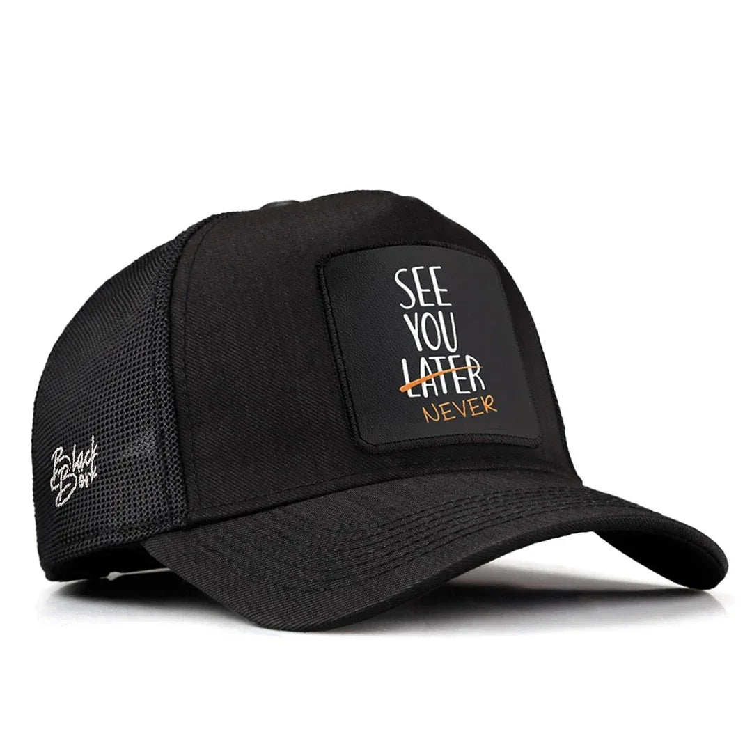 Black Cordura Fabric Trucker Cap with See You Later Never - With 2 Code Logo patch for wholesale and custom branding