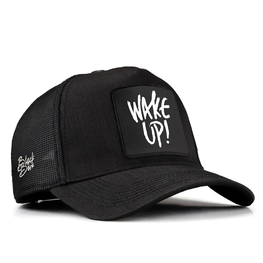 Black Cordura Fabric Trucker Cap with Wake Up - With 3 Code Logos patch for wholesale and custom branding
