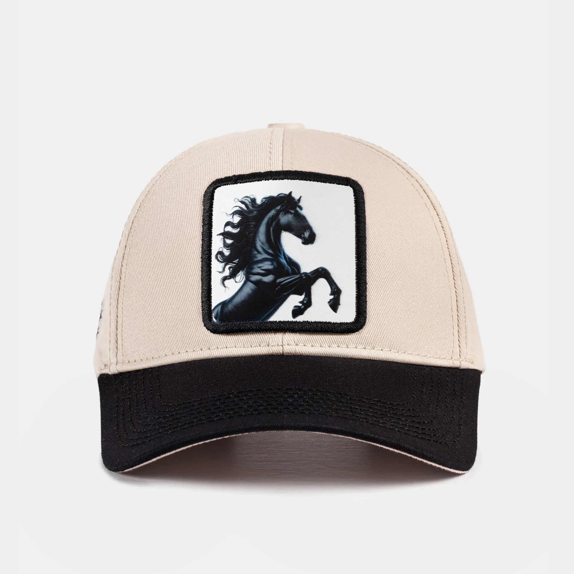V1 Six Black-Beige Baseball Cap with Horse - 4 Code Logo patch for wholesale and custom branding