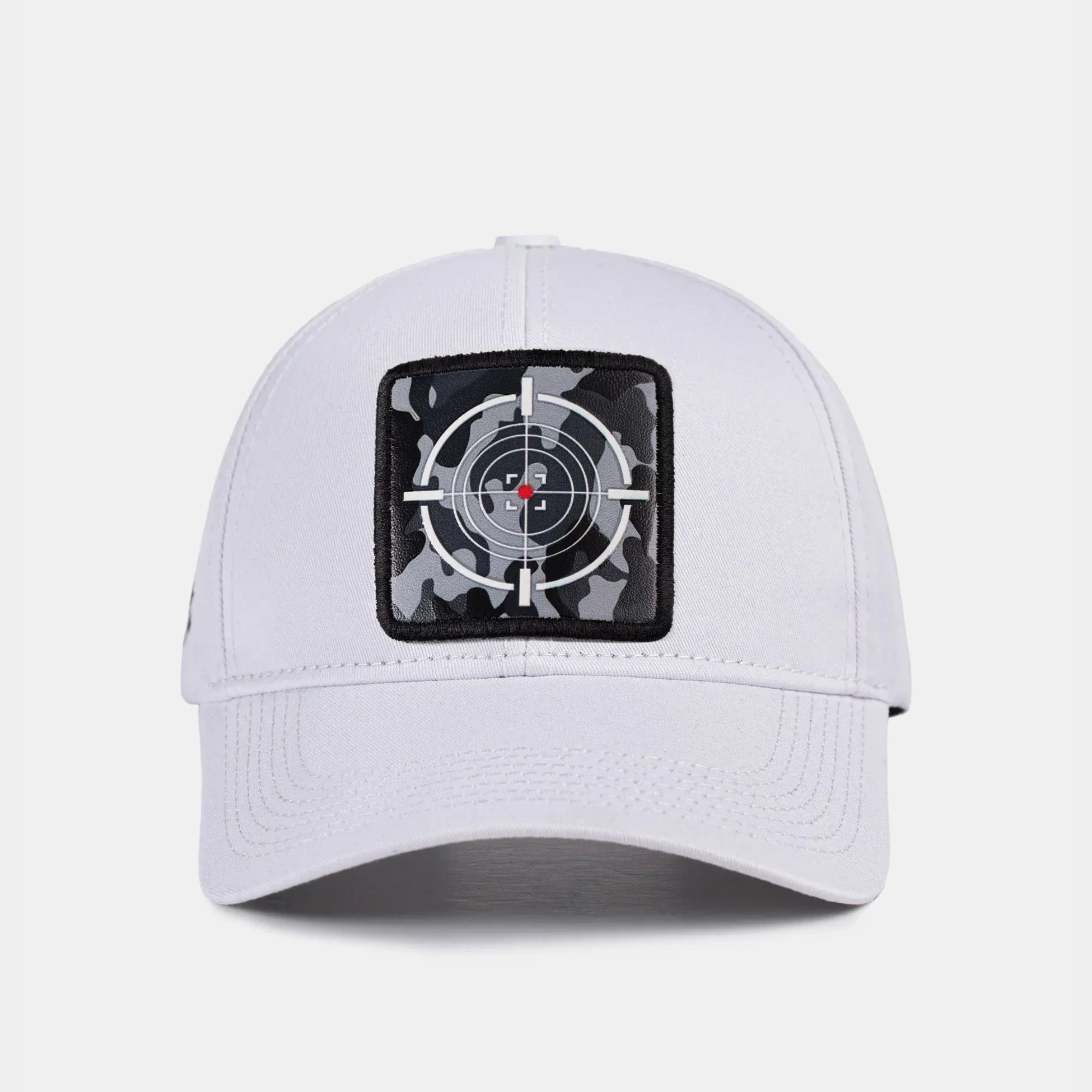 V1 Six White Baseball Cap with Camouflage Target - 1BS Code Logo patch for wholesale and custom branding