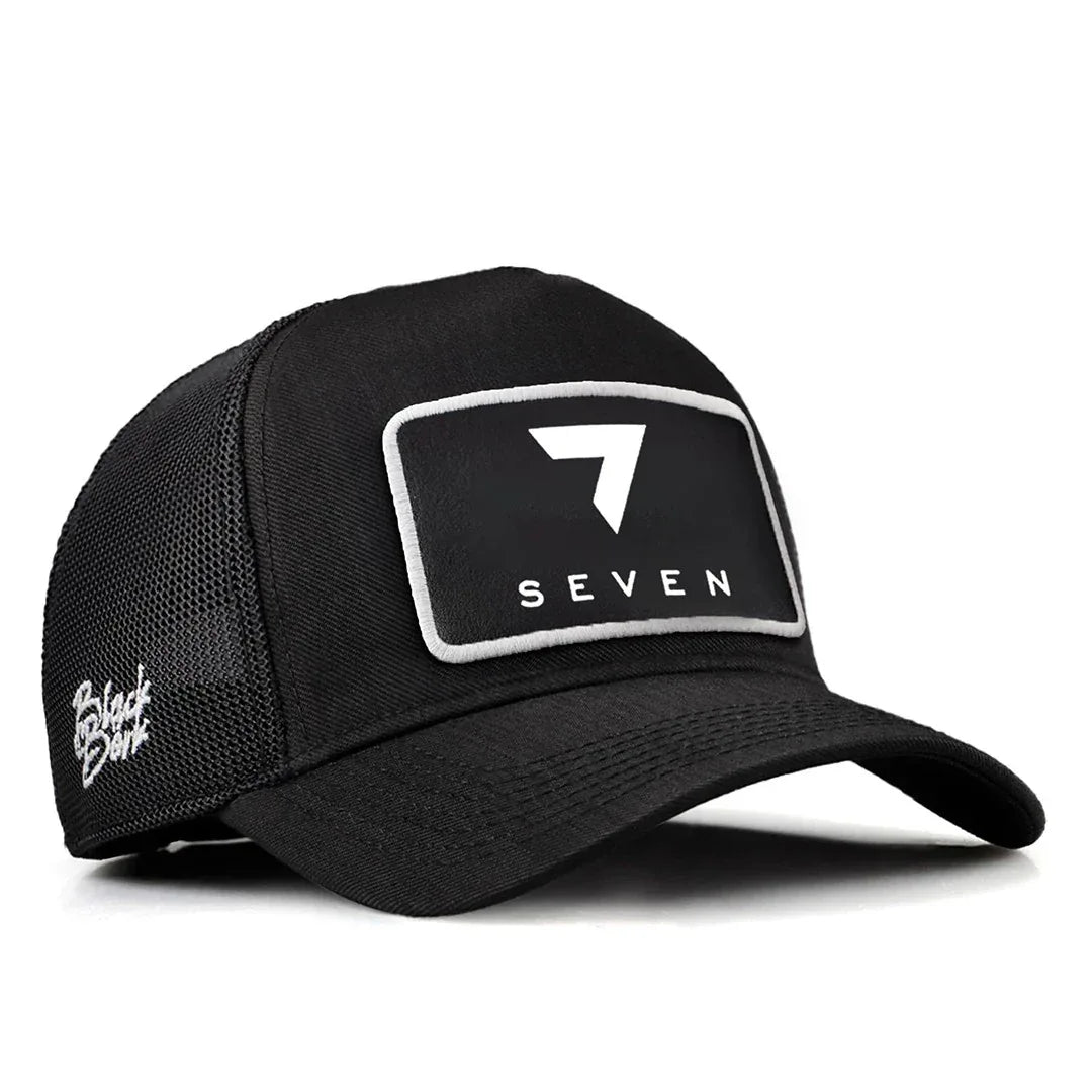 Black Cordura Fabric Trucker Cap with 7 Seven - 2 Code Logo patch for wholesale and custom branding
