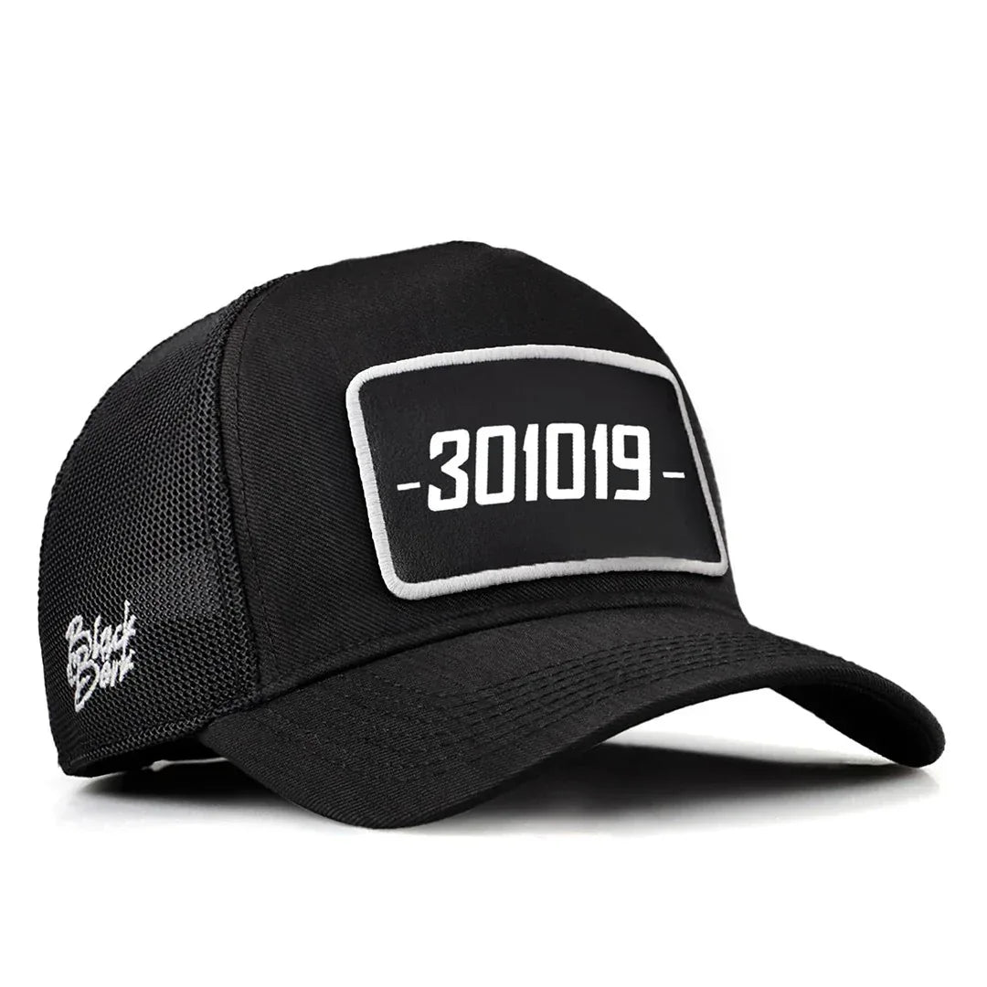 Black Cordura Fabric Trucker Cap with 301019 - With 2 Code Logo patch for wholesale and custom branding