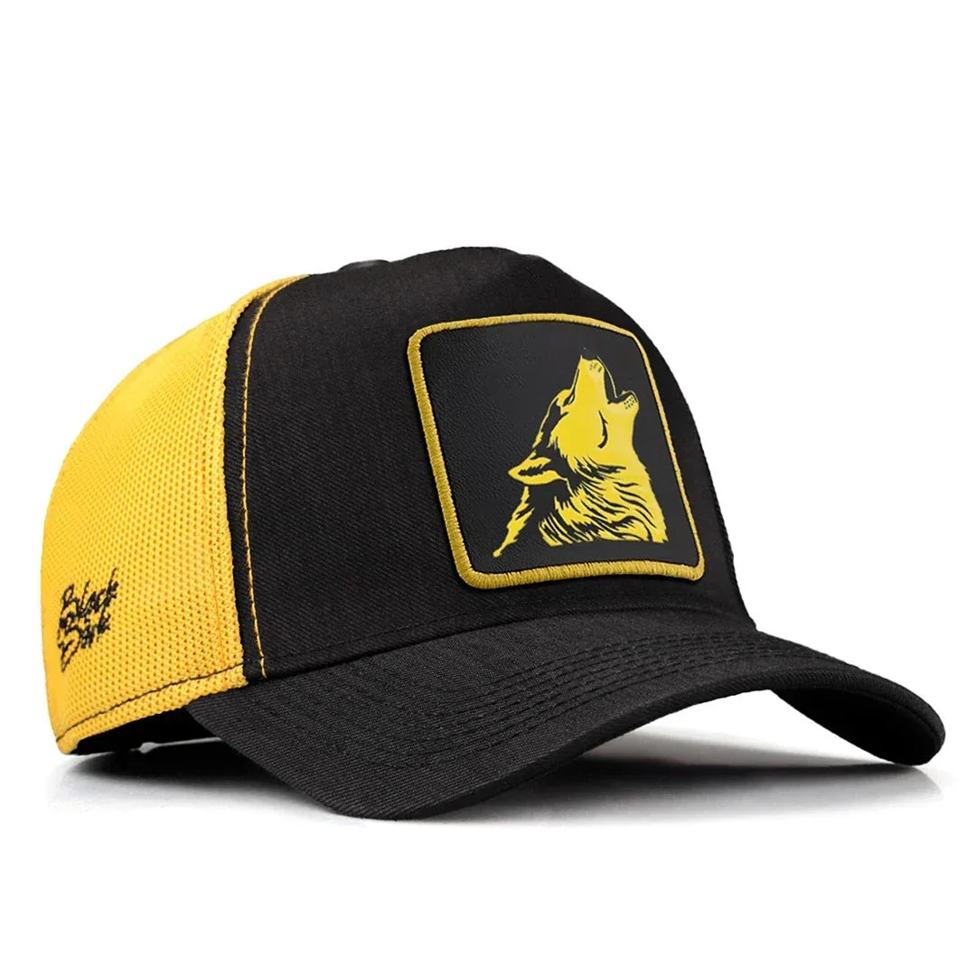 Black-Yellow Cordura Fabric Cap with Wolf - with 3SS Code Logo patch for wholesale and custom branding