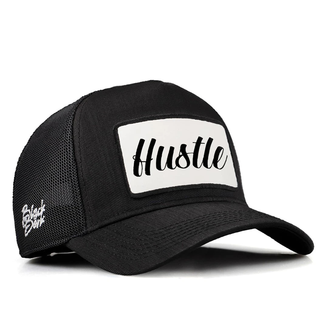 Black Cordura Fabric Trucker Cap with Hustle - 1 with Code Logo patch for wholesale and custom branding