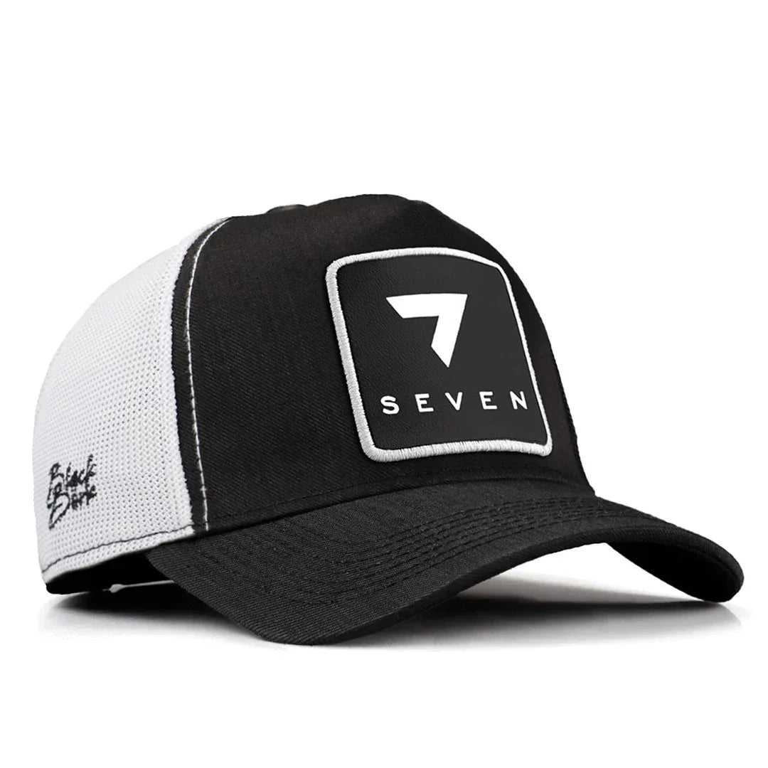 Black-White Cordura Fabric Trucker Cap with Number 7 - With 5SB Code Logo patch for wholesale and custom branding
