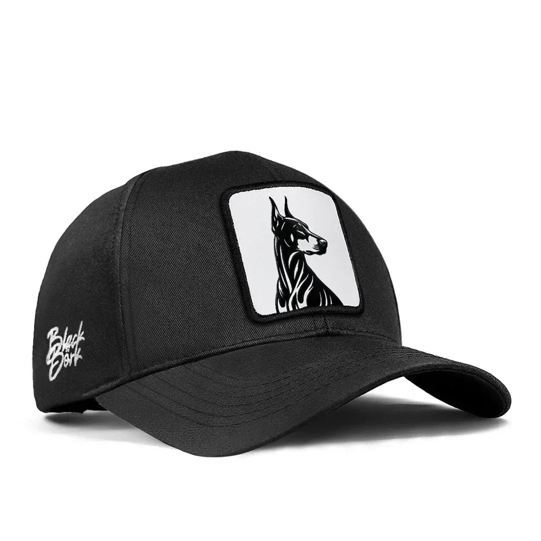 BlackBork Six Baseball Unisex Black Cap with Doberman - 1 with Code Logo patch for wholesale and custom branding